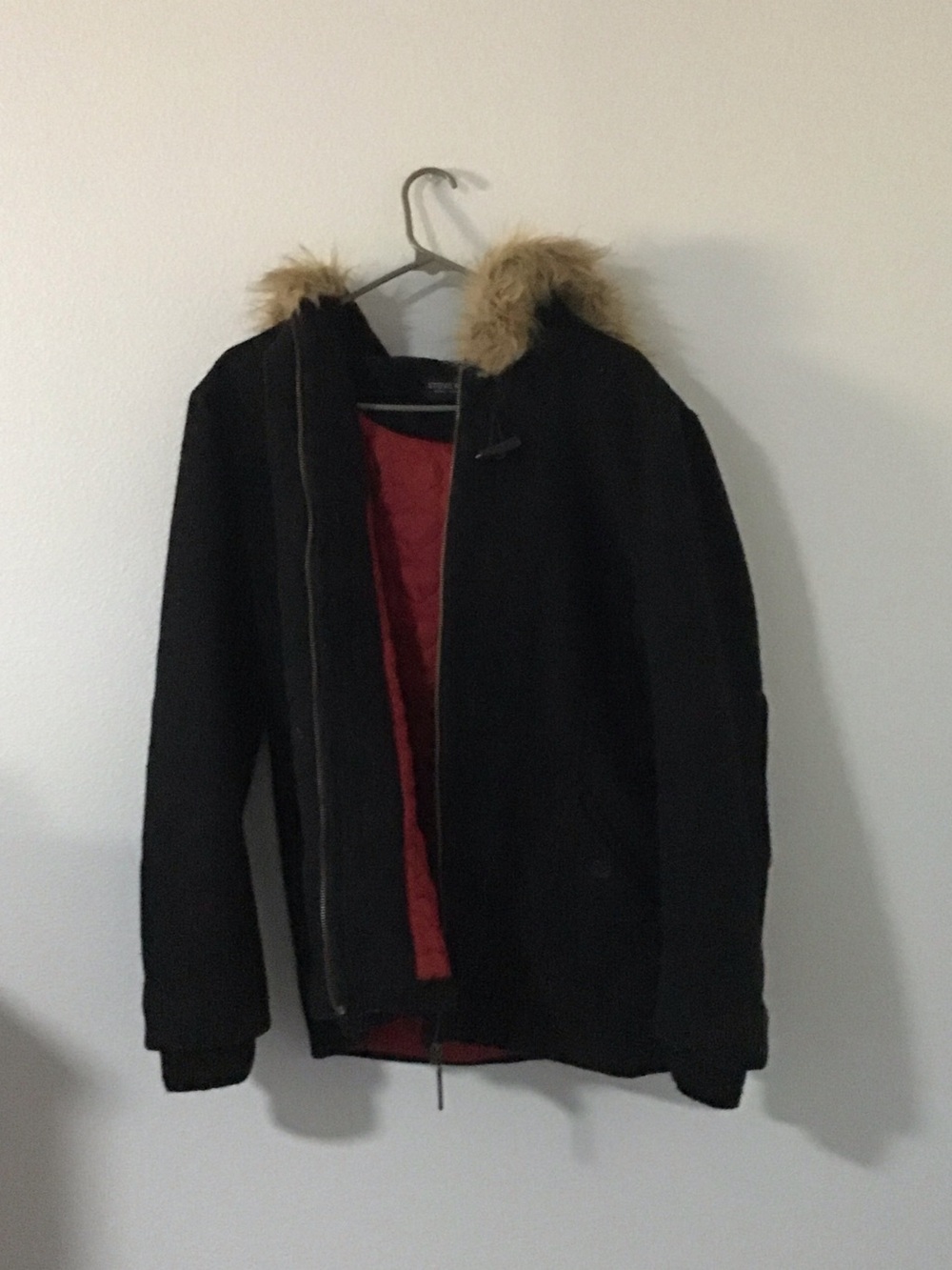 Steve Madden Black Jacket with Tan Faux Fur Trim and Red Lining